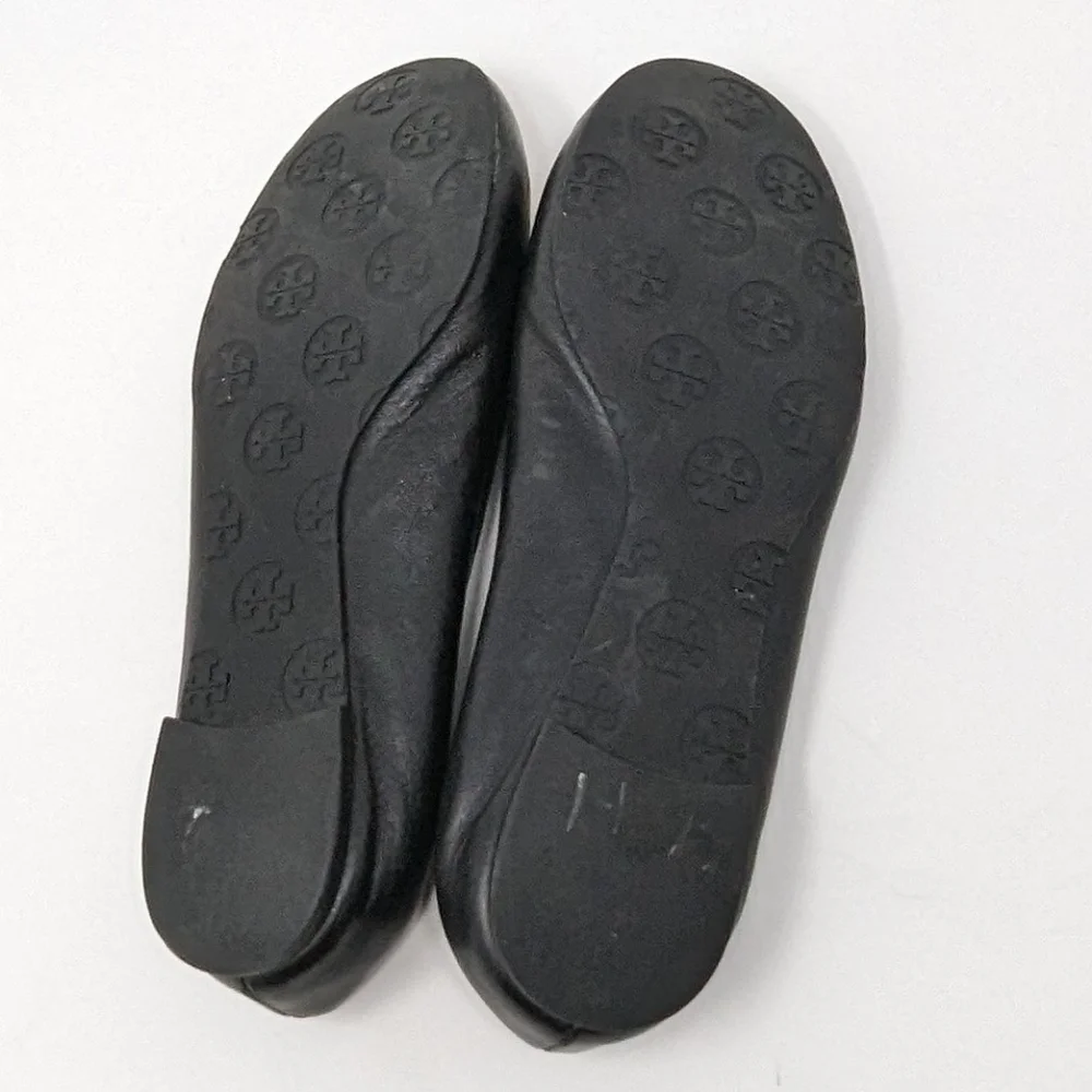 Tory Burch Women Leather Round Toe Classic Reva Ballet Flat Black Gold L…